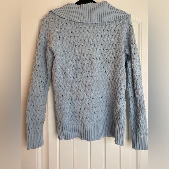 Liz Claiborne Blue Knit Collared Cotton Button Up V-Neck Long Sleeve Sweater - Picture 2 of 5